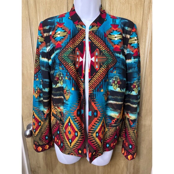 Chicos Art Southwest Aztec Bold Open Front Cardigan Jacket Size 1 NWOT Medium - Picture 1 of 9
